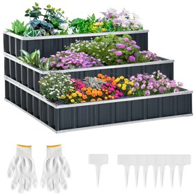 Outsunny Caixa de Plantio de 3 Alturas para Jardim com Luvas Caixa de Plantio para Cultivos de Plantas Flores para Terraço Exterior 118x118x62cm Cinza