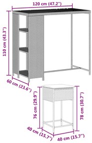 3 pcs conjunto de bar para jardim c/ almofadões vime PE preto