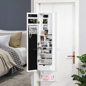 HOMCOM Espelho com Móvel de Bijuterias de Parede ou Porta Armário Guarda Jóias com 18 Luzes LED Altura Ajustável e Prateleira Aberta Organizador de Jóias 31,7x13,4x130cm Branco