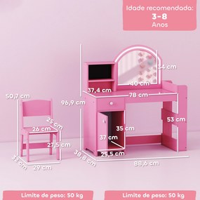 Toucador de Maquilhagem Infantil com Banquinho e Espelho com Luzes LED 1 Gaveta Armário e 5 Prateleiras Rosa