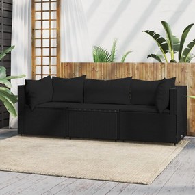 vidaXL 3 pcs conjunto lounge de jardim c/ almofadões vime PE preto