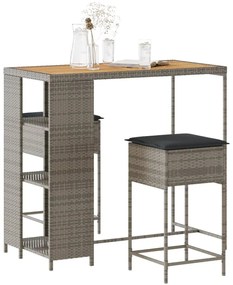 vidaXL 3 pcs conjunto de bar p/ jardim c/ almofadões vime PE cinzento