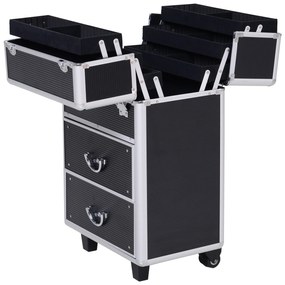 HOMCOM Estojo de maquiagem portátil Estojo profissional de cosméticos com 6 gavetas extensíveis, fechadura, rodas e alça retrátil 36x23x58 cm preta
