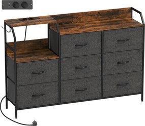 HOMCOM Cômoda com 8 gavetas de tecido, estrutura de aço, estação de carregamento, Castanho-Rústico+Preto | Aosom Portugal