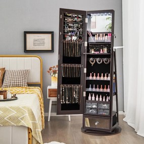 Armário para joias 56 cm x 164 cm giratório em 360° com espelho, luzes LED, fechadura e prateleira traseira em castanho escuro