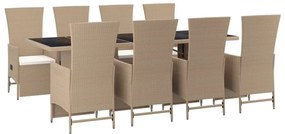 9 pcs conjunto de jantar p/ jardim com almofadões vime PE bege