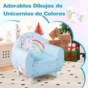 Sofá infantil 55 x 41 x 54 cm com tecido respirável e enchimento de espuma de alta densidade colorido desnho de unicórnio Azul