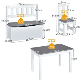 Conjunto de mesa e cadeiras para crianças 4 peças de actividades de madeira 2 em 1 com 2 cadeiras e 1 banco para brincar desenhar ler comer Cinzento