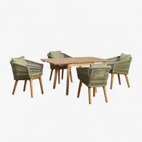 Conjunto De Mesa Extensível De Madeira (90-150x90 Cm) Naele E 4 Cadeiras De Jardim Barker Verde Bambu - Sklum