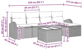 Conjunto de Sofá de Jardim de 6 Peças com Almofadas Castanho Rattan