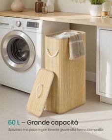 Cesto para roupa suja 60 L,  40 x 22 x 70 cm em bambu com tampa e saco removível natural