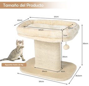 Arranhador para gatos pequenos Torre de actividades com suporte para peluches e poste de arranhar em sisal 59 x 39,5 x 50 cm Bege