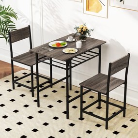 Conjunto de mesa de jantar com 2 cadeiras com prateleira aberta, estrutura metálica cinzento