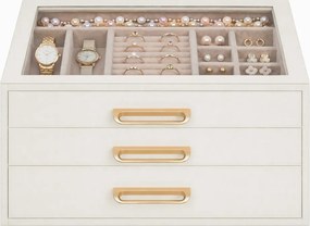 Caixa de joias em madeira com tampa de vidro, 3 níveis, 24 x 16 x 12,5 cm, branco-bege