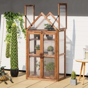 Mini Estufa 3 Níveis 71 x 41 x 133 cm Jardim de Madeira Abeto Teto Tampa rebatível Castanho