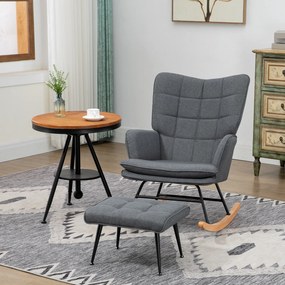 Cadeira de baloiço com apoio para os pés, rocking chair, assento largo, encosto alto, almofada incluída, 64 x 89 x 90 cm, cinzento