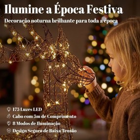 Rena e Trenó Luminosos em Rattan PP com 175 LED Branco Quente, 8 Modos e Temporizador, 120 cm, para Jardim Exterior
