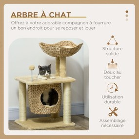 Arranhador  para gatos com arranhador de sisal natural, 1 nicho, cesto com pompons e pelúcia 45 x 40 x 74 cm, bege