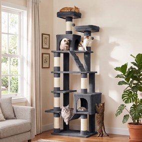 Árvore Arranhadora para Gatos 204 cm Multinível com 2 Tocas Rede 2 Camas Postes de Sisal Escada e 2 Bolas Cinza Escuro