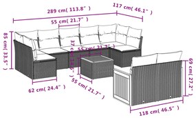 10 pcs conjunto sofás de jardim c/ almofadões vime PE preto