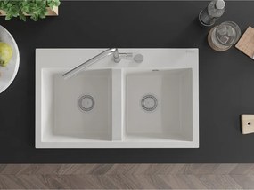 Mexen Hektor lava-loiça em granito de 2 cubas 800 x 480 mm, branco, sifão cromado - 6521802000-20
