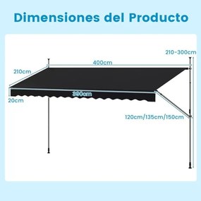 Toldo retrátil manual 4 m x 3 m Toldo exterior com altura ajustável Manivela e sem perfuração para janela Porta Terraço Preto
