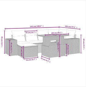 7 pcs conjunto sofás p/ jardim c/ almofadões vime PE cinzento