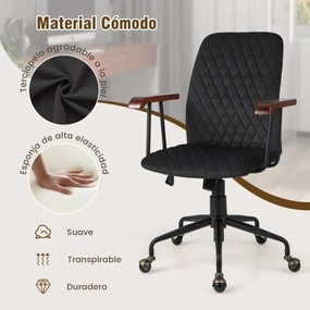 Cadeira giratória escritório de veludo com assento estofado com encosto de altura ajustável Preta