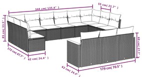 13 pcs conjunto de sofás de jardim com almofadões vime PE preto