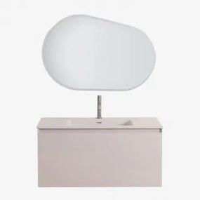 Conjunto De Móvel De Casa De Banho Suspenso Em Madeira Com Lavatório Integrado Macrae Crema Linho & Oval Led E Anti-embaciamento 100x80 Cm Riben & Cin