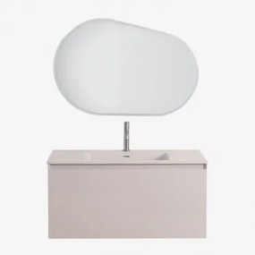 Conjunto De Móvel De Casa De Banho Suspenso Em Madeira Com Lavatório Integrado Macrae Crema Linho & Oval Led E Anti-embaciamento 100x80 Cm - Sklum