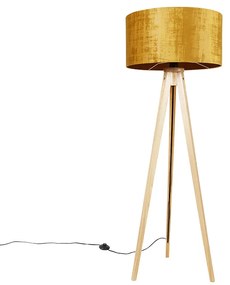 Candeeiro de pé em madeira com abajur em tecido dourado 50 cm - Tripod Classic Moderno