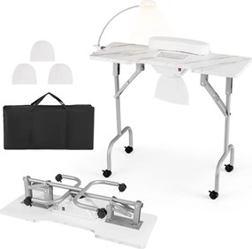Mesa de manicure dobrável com aspirador de pó elétrico Luz LED 4 rodas com travão 90 x 40 x 77 cm Branca