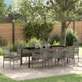 vidaXL Conjunto de Jantar para Jardim 9 Peças com Almofadas Cinza Rattan Sintético