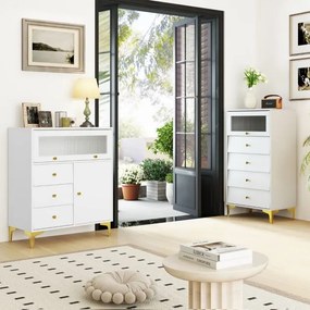 Cómoda de quarto moderna 80 x 40 x 95,5 cm com porta de vidro canelado rebatível e gavetas extraíveis Pernas metálicas branca