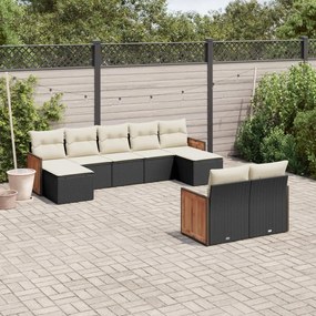 9 pcs conjunto de sofás p/ jardim c/ almofadões vime PE preto