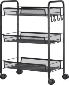 Carrinho cozinha de 3 níveis de arrumação com cestos de serviço com rodas, 45 x 26,5 x 63 cm, preto