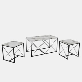 Conjunto de Mesas de Centro Defne – Mármore Branco e Preto – 100x52x50