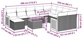 11 pcs conjunto sofás de jardim c/ almofadões vime PE preto