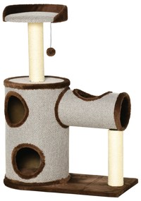 PawHut Árvore Arranhador para Gatos Médios Altura 104cm Torre de Escalada para Gatos com Barril Arranhador Plataforma Superior Túnel Poste de Sisal e Bola Suspensa 75x39x104cm Marrom