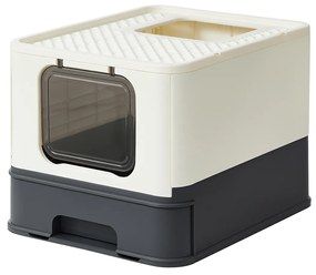 Caixa de areia fechada Feandrea para gatos, caixa de areia, bandeja removível, pá, escova, para gatos grandes, capacidade de carga 15 kg, antimarcas, antivazamento, bege e preto PPT001W01