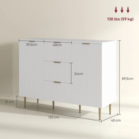 Aparador de Cozinha, 120 x 40 x 89,5 cm, 3 Gavetas e Prateleiras Ajustáveis, Branco