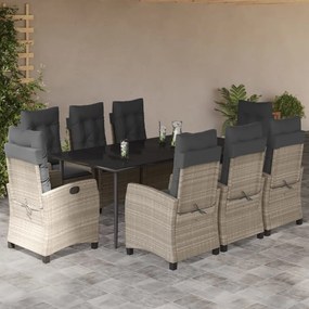 vidaXL 9 pcs conjunto de jantar p/ jardim c/ almofadões cinzento claro
