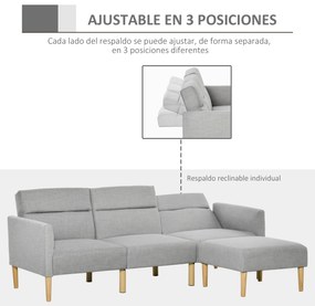 HOMCOM Sofá Cama com Chaise Longue de 3 Lugares com Encosto Ajustável Apoio para os Braços e Apoio para os Pés Móvel 207x81x80cm Cinza Claro