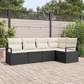 Conjunto de Sofás de Jardim de 5 Peças com Almofadas em Vime Preto
