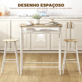 Conjunto de Móvel Bar com Mesa Alta e 2 Bancos com Prateleira de Armazenamento e Estrutura de Metal 80x50x90cm Branco e Madeira