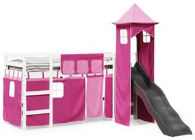 Cama alta para criança com torre 90x190 cm pinho maciço rosa