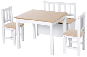 HOMCOM Conjunto Infantil de Mesa 2 Cadeiras e Banco com Armazenamento Móveis Infantil para Sala de Jogos Dormitório Branco e Natural