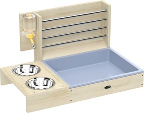 Comedouro de Feno para Coelhos com Bandeja, Alimentador de Feno em Madeira com Tigela de Aço Inoxidável e Bebedouro