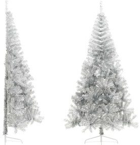 Meia árvore de Natal artificial com suporte 210 cm PET prateado